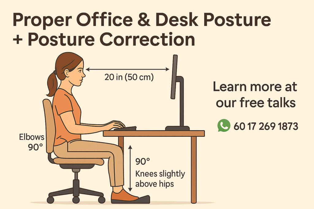 Square infographic showing correct office sitting posture: elbows at 90°, eyes aligned slightly above screen center, monitor 50 cm away, knees level with hips, feet flat or on a footrest, with note on free posture talks and WhatsApp contact.