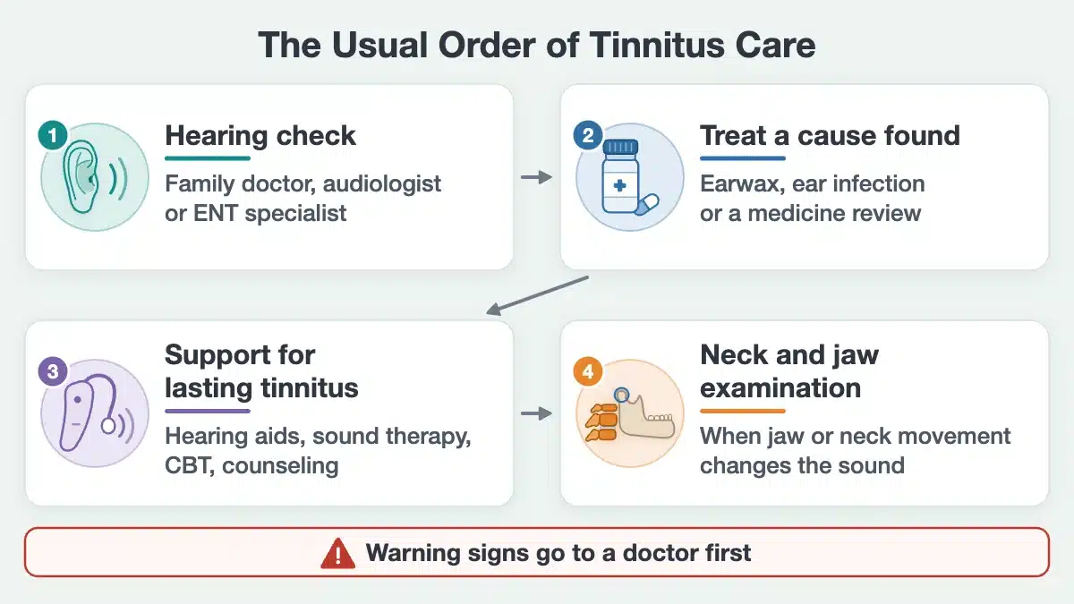 Labeled chart of the usual tinnitus care pathway: a hearing check first, treatment of any cause found, support for lasting tinnitus such as hearing aids, sound therapy and CBT, and a neck and jaw examination when movement changes the sound