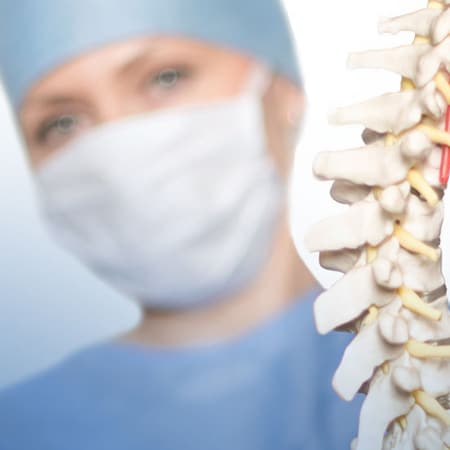 Surgeon holding spine model