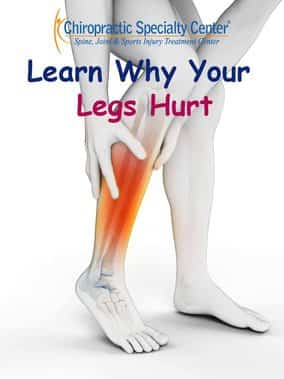 Lower legs with the shin and calf area highlighted in red, under the heading Learn Why Your Legs Hurt