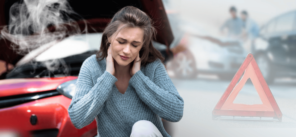 A woman who seems to be have neck pain because she was in a car accident and she is suffering from whiplash and she will need to visit a professional chiropractor to help her care for her neck.