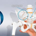 3D pelvic anatomy model showing sacroiliac joint, sacrum, and ilium with detailed labels and highlighted joint region for educational reference.