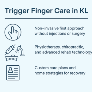 "Landscape infographic banner titled ‘Trigger Finger Care in KL – Non-Surgical Approach’ showing three key points: 1) Integrated physiotherapy and chiropractic at CSC’s Bukit Damansara main center for tendon glide, mobility, and grip strength, 2) Advanced rehabilitation technology including high-intensity laser, shockwave, and decompression for deep tissue recovery without injections or surgery, 3) Customized prevention and home care strategies like ergonomic adjustments, PRICE method, and tendon-gliding exercises to reduce recurrence risk. Includes CSC logo, Y. Zafer’s name, and copyright mark."