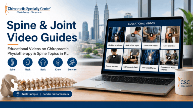Educational spine and joint care videos in Kuala Lumpur by Chiropractic Specialty Center covering chiropractic treatment, physiotherapy, slip disc, sciatica, neck pain, lower back pain, knee rehabilitation and exercise therapy.