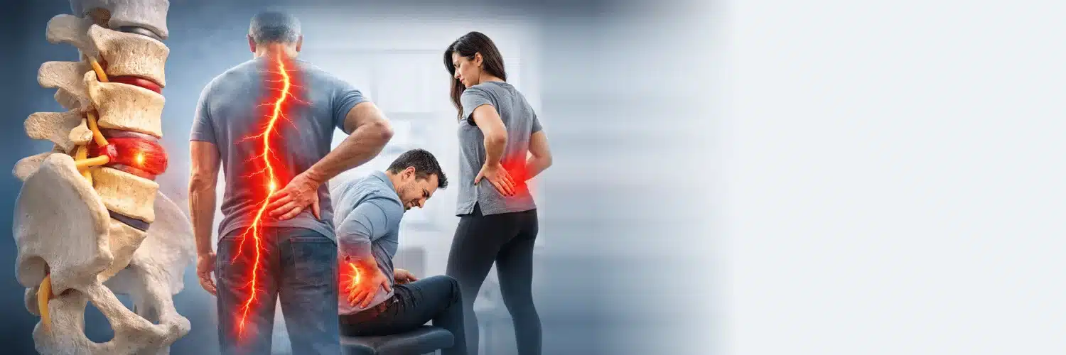 Back pain illustration: a lumbar spine model with a glowing disc beside three people holding their lower backs, one with a red line of pain running from the back down the leg