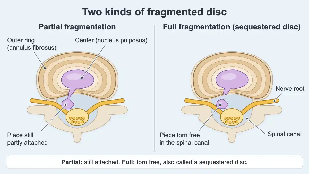 Fragmented disc seen from above. Left: a piece of the center pushed out through a tear, still attached by a strand. Right: the piece torn free in the canal.
