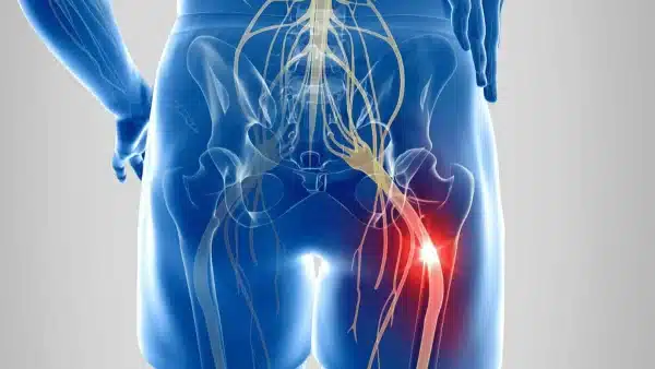 3D illustration of a person seen from behind, with the lower spine and the sciatic nerve in the buttock highlighted